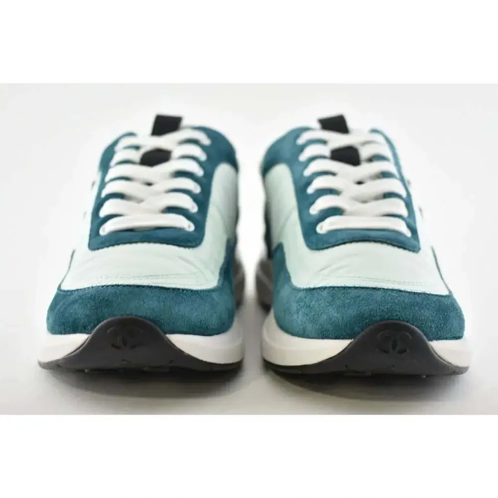 Chanel 21P Blue Green Black Suede CC Lace Up Flat Runner Trainer Sneaker 40.5 - Picture 5 of 9